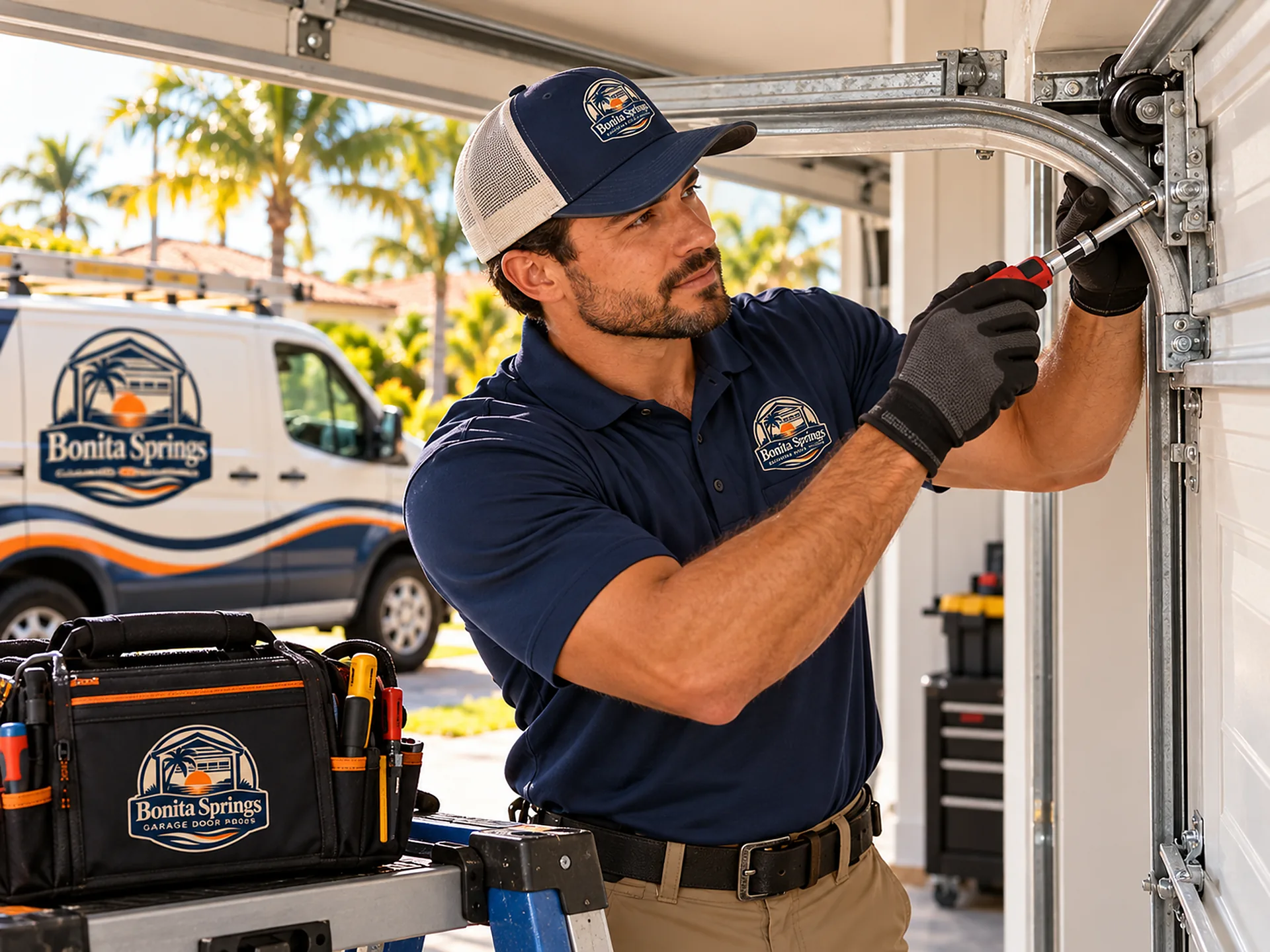 Technician adjusting the curved track of a garage door with a wrench