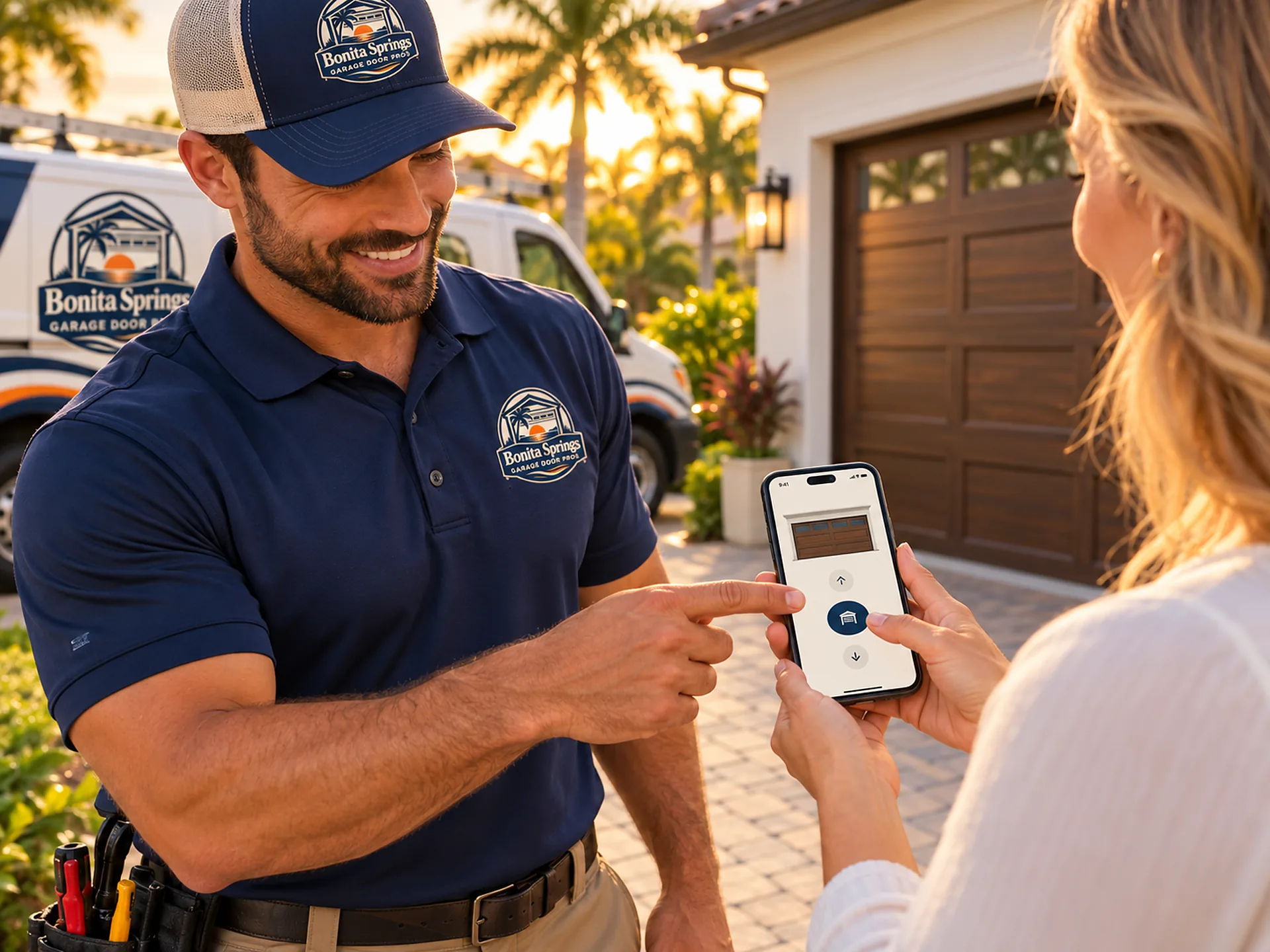 Technician helping a homeowner set up a garage door app on her phone