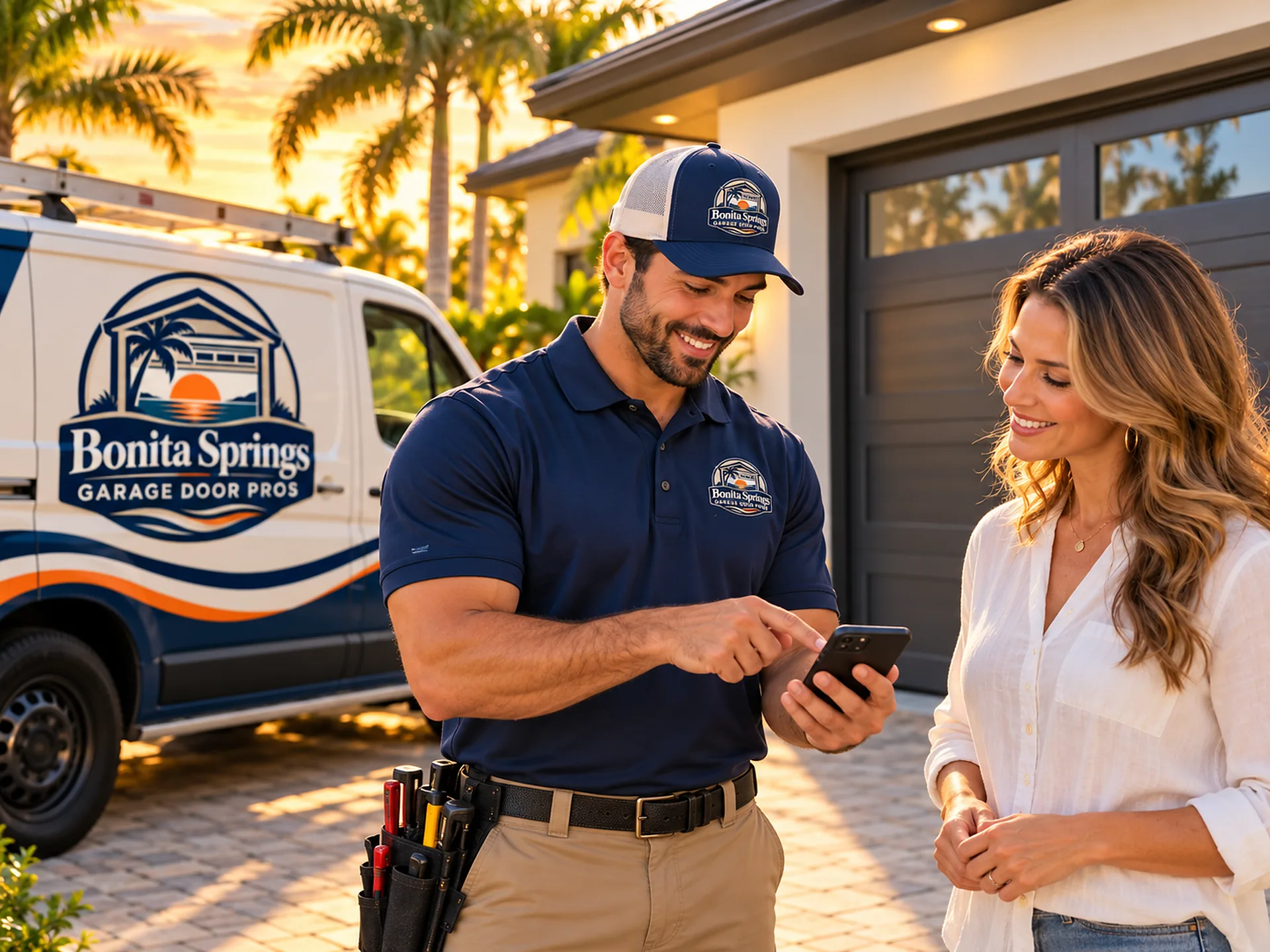 Technician showing a homeowner something on his phone in front of a garage