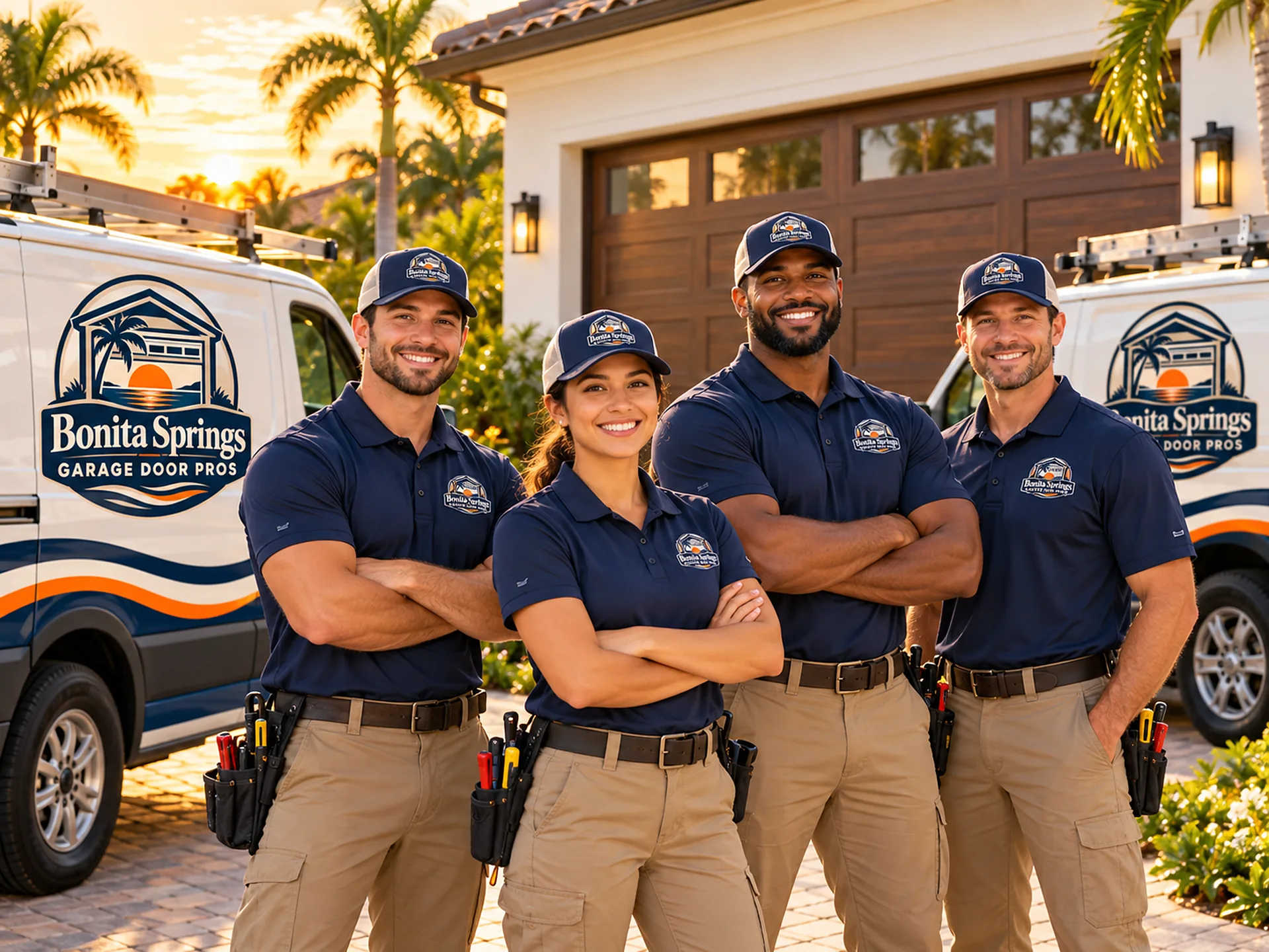 Technicians in navy polos standing by a service van